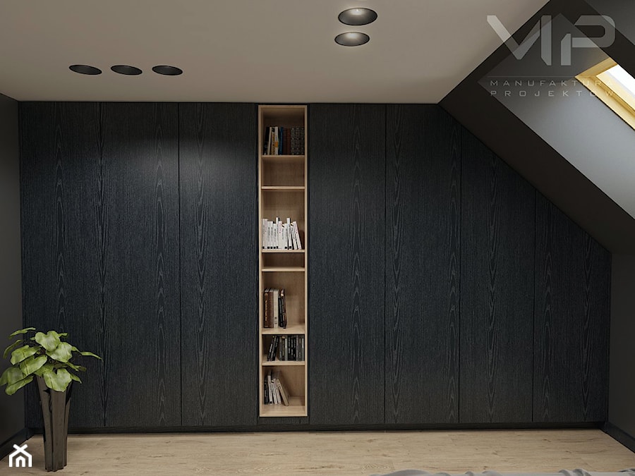 INTERIOR | Dom w Wodzisławiu Śląskim - Mała czarna szara sypialnia na poddaszu, styl nowoczesny - zdjęcie od Manufaktura Projektów