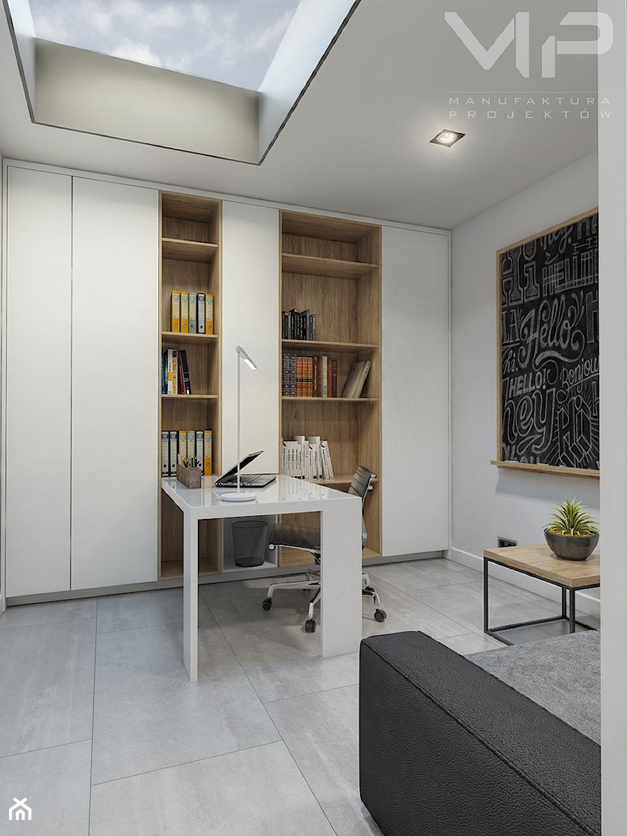 INTERIOR | Dom w Rudach - Średnie z sofą z zabudowanym biurkiem białe biuro, styl nowoczesny - zdjęcie od Manufaktura Projektów