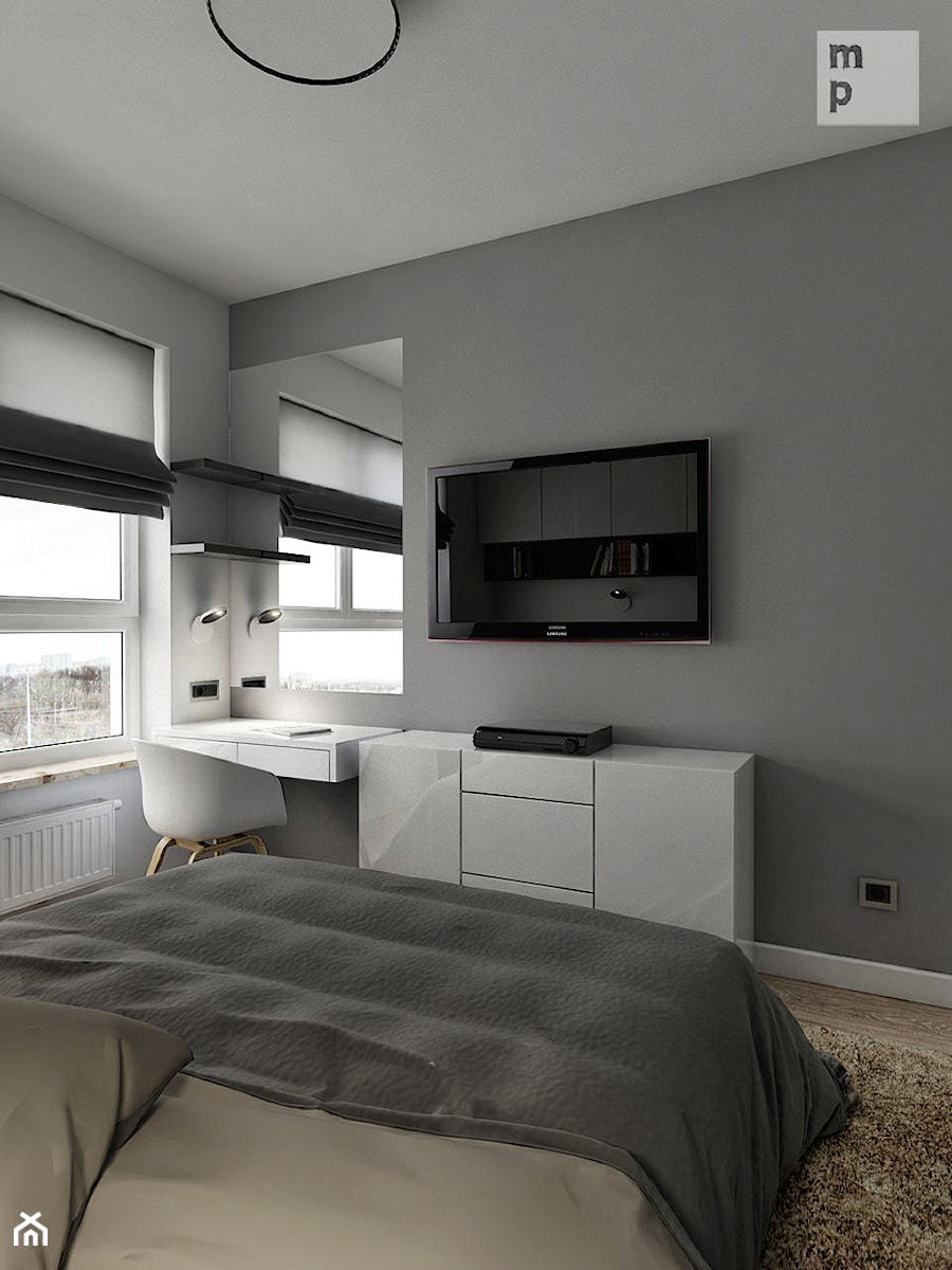 INTERIOR | Mieszkanie M3 - Warszawa - Mała szara z biurkiem sypialnia, styl nowoczesny - zdjęcie od Manufaktura Projektów