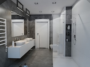 BATHROOM I 8 I 2018 - Średnia na poddaszu bez okna z dwoma umywalkami łazienka, styl nowoczesny - zdjęcie od Manufaktura Projektów