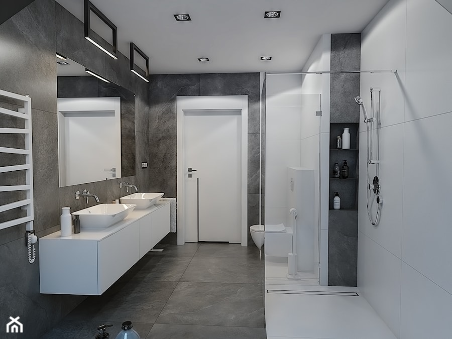 BATHROOM I 8 I 2018 - Średnia na poddaszu bez okna z dwoma umywalkami łazienka, styl nowoczesny - zdjęcie od Manufaktura Projektów
