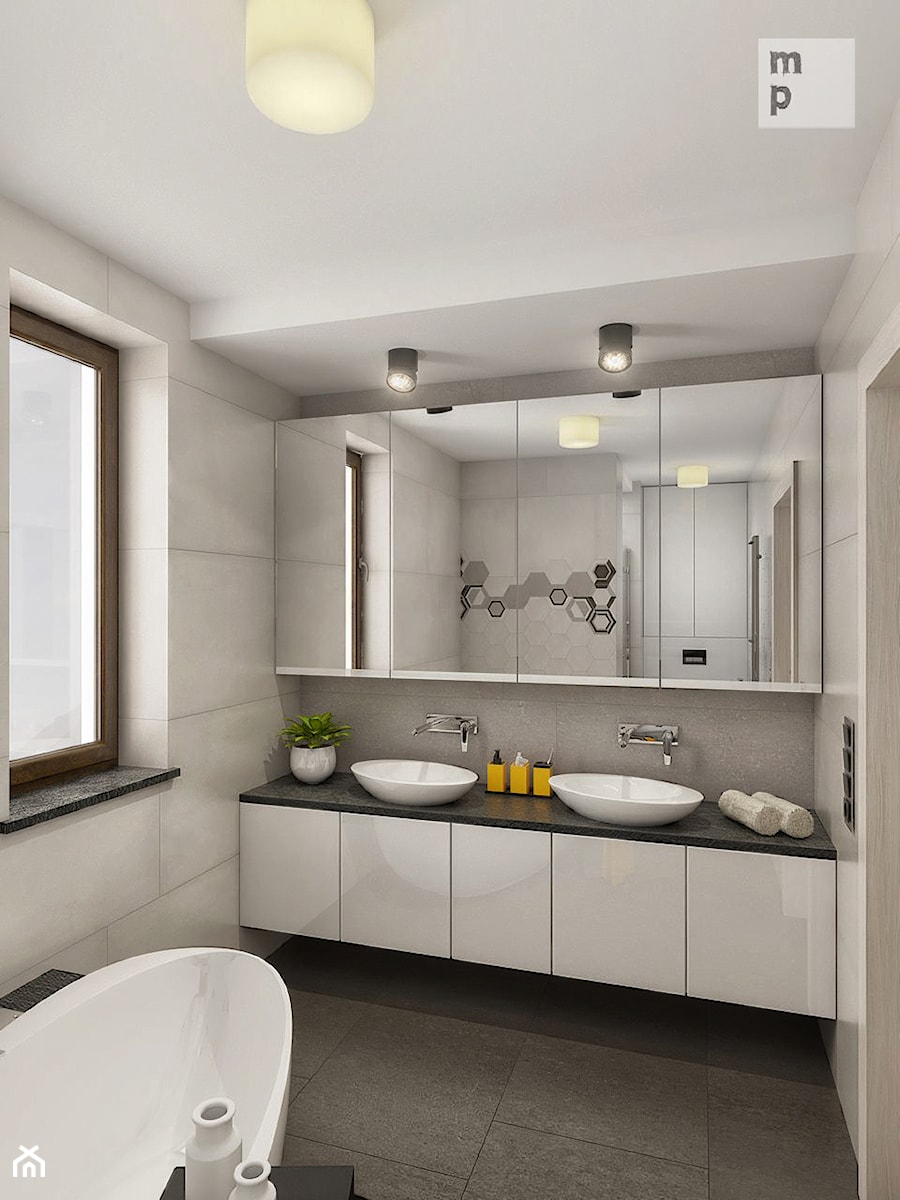 INTERIOR | bathroom hexagon - Średnia z dwoma umywalkami łazienka z oknem, styl nowoczesny - zdjęcie od Manufaktura Projektów