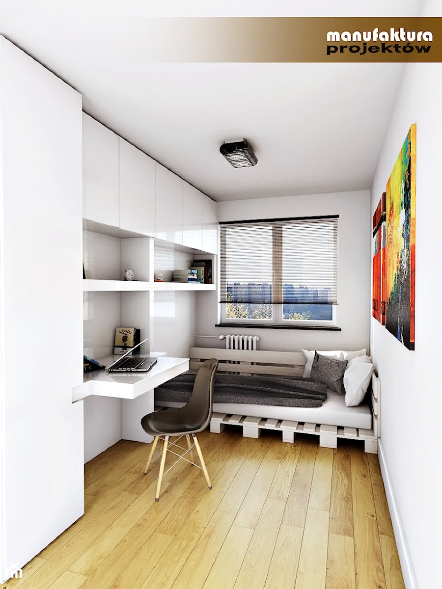 Palety na miarę - Średnia biała z biurkiem sypialnia, styl industrialny - zdjęcie od Manufaktura Projektów