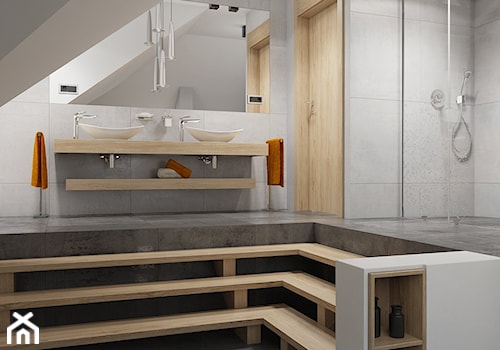 INTERIOR | Łazienka 07 - Duża na poddaszu jako pokój kąpielowy z dwoma umywalkami łazienka, styl nowoczesny - zdjęcie od Manufaktura Projektów