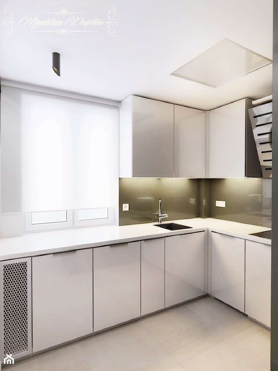 Mały Apartament - Średnia zamknięta z kamiennym blatem biała czarna z zabudowaną lodówką z podblatowym zlewozmywakiem kuchnia w kształcie litery l z oknem, styl nowoczesny - zdjęcie od Manufaktura Projektów