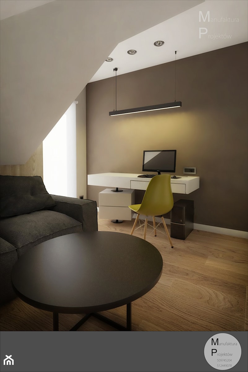 INTERIOR | Dom w Żorach - Średnie z sofą z zabudowanym biurkiem brązowe biuro, styl nowoczesny - zdjęcie od Manufaktura Projektów