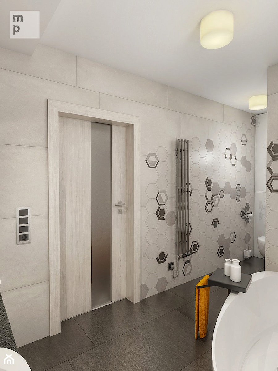 INTERIOR | bathroom hexagon - Średnia na poddaszu bez okna łazienka, styl nowoczesny - zdjęcie od Manufaktura Projektów