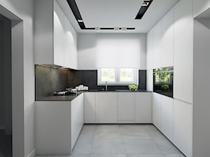 SMALL KITCHEN. - Średnia otwarta biała czarna z zabudowaną lodówką z podblatowym zlewozmywakiem kuchnia w kształcie litery u z oknem z kompozytem na ścianie nad blatem kuchennym, styl nowoczesny - zdjęcie od Manufaktura Projektów