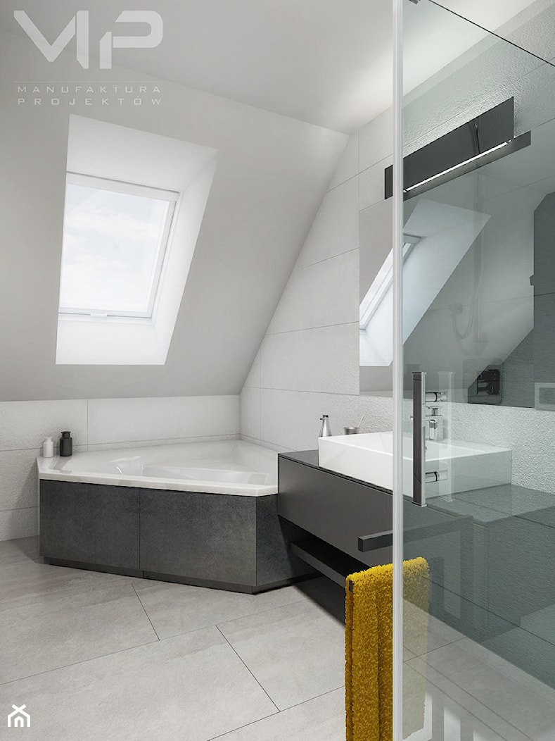INTERIOR | Dom w Rudach - Średnia na poddaszu z lustrem łazienka z oknem, styl nowoczesny - zdjęcie od Manufaktura Projektów - Homebook
