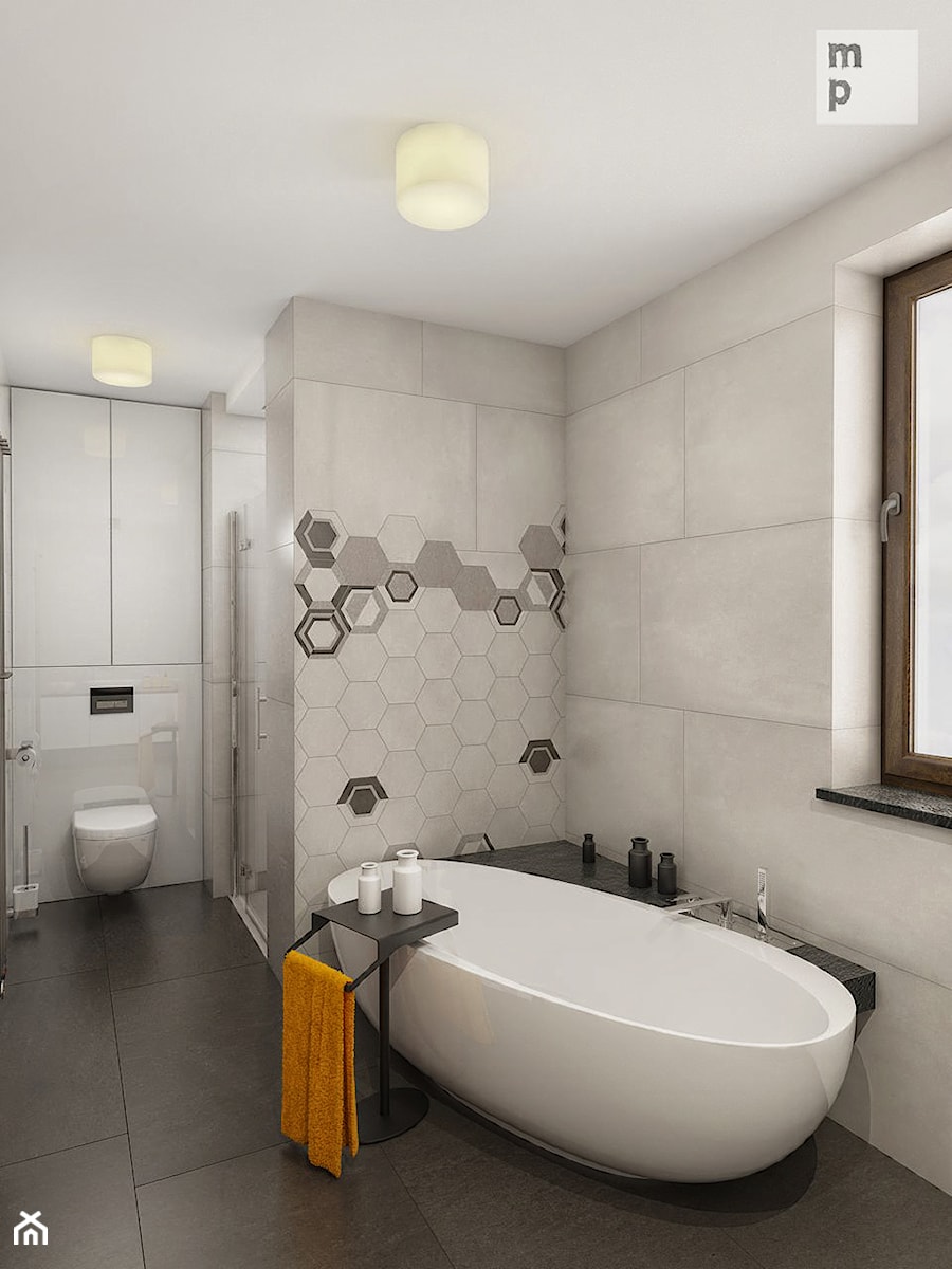 INTERIOR | bathroom hexagon - Średnia na poddaszu łazienka z oknem, styl nowoczesny - zdjęcie od Manufaktura Projektów