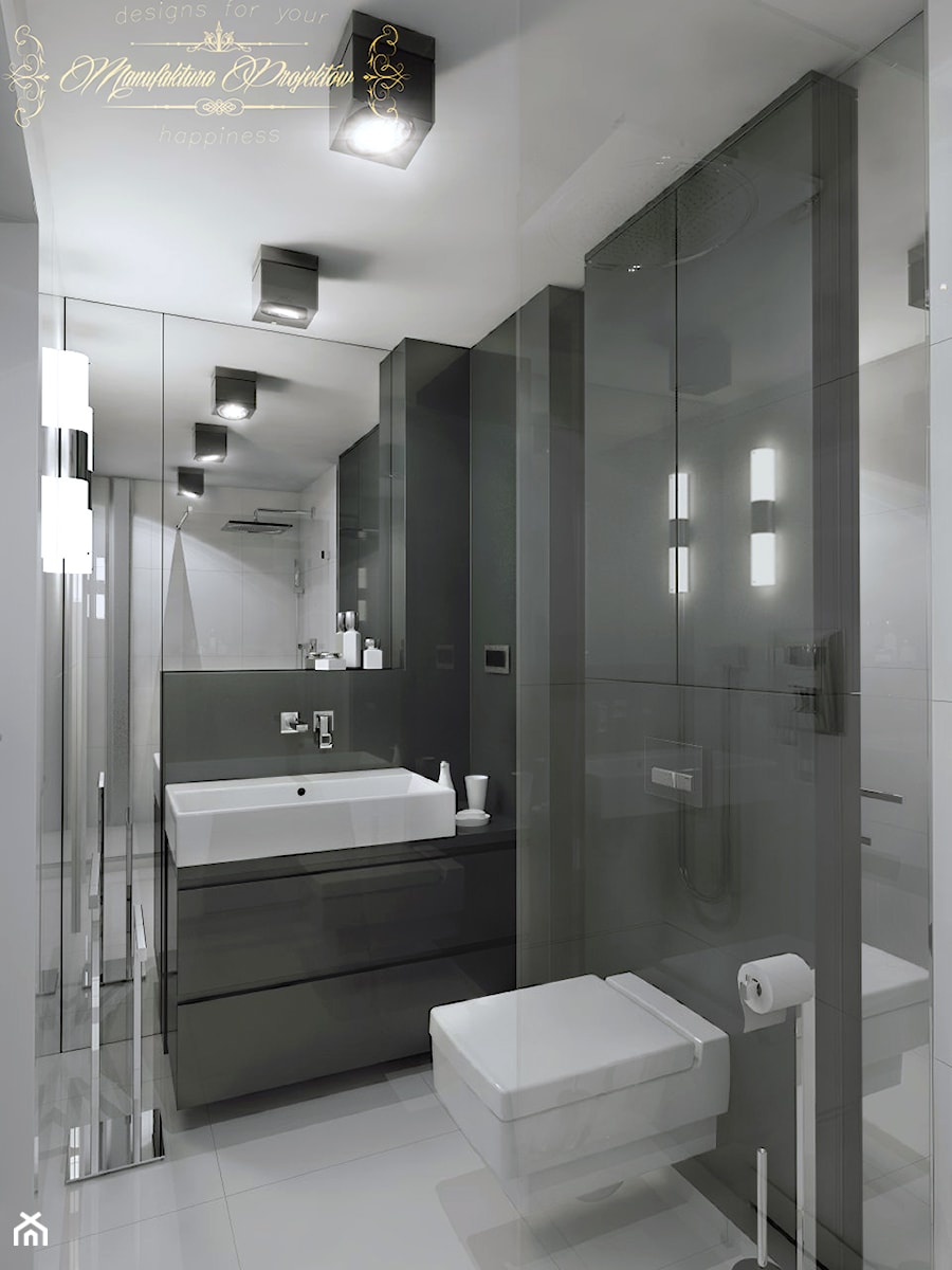 Mały Apartament - Mała bez okna z lustrem z punktowym oświetleniem łazienka, styl nowoczesny - zdjęcie od Manufaktura Projektów