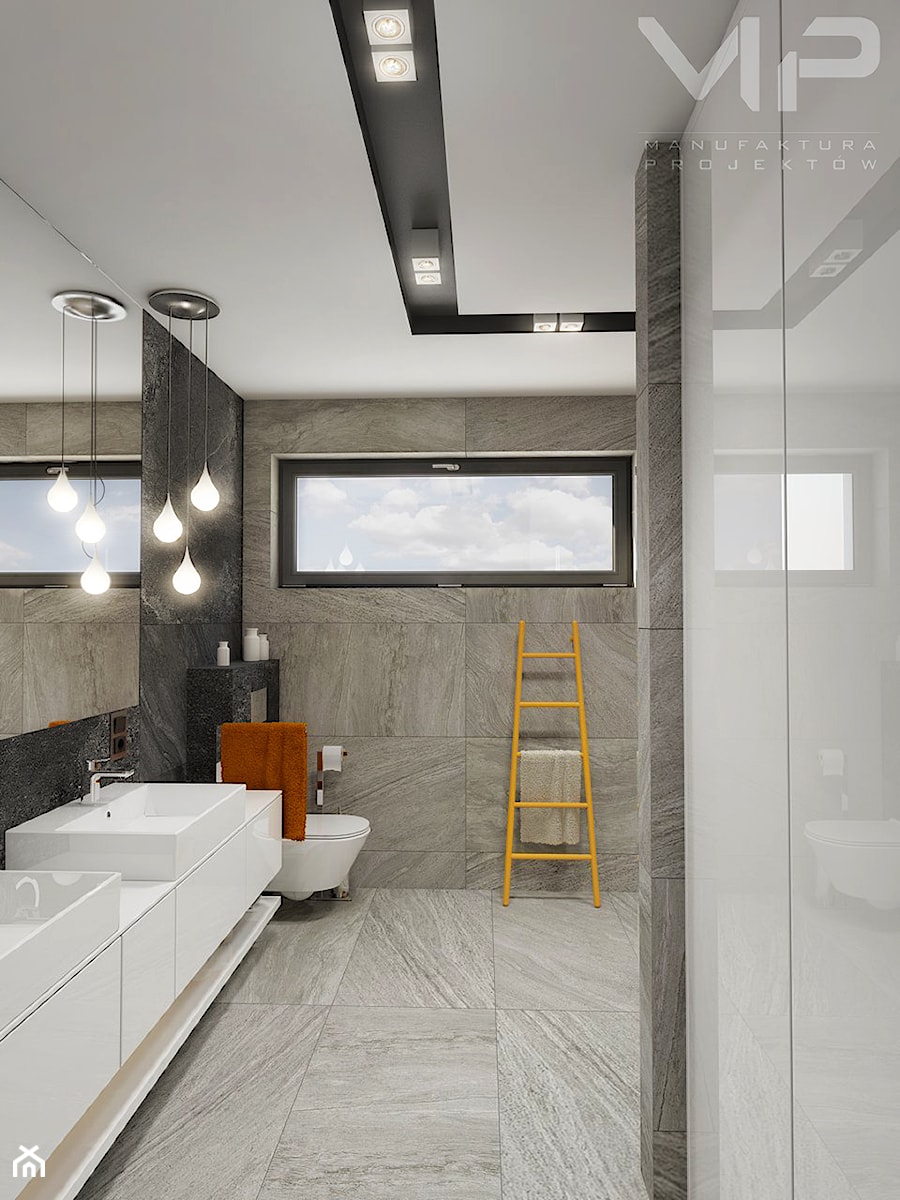 INTERIOR | Dom w Rudach - Średnia z lustrem z dwoma umywalkami z punktowym oświetleniem łazienka z oknem, styl nowoczesny - zdjęcie od Manufaktura Projektów