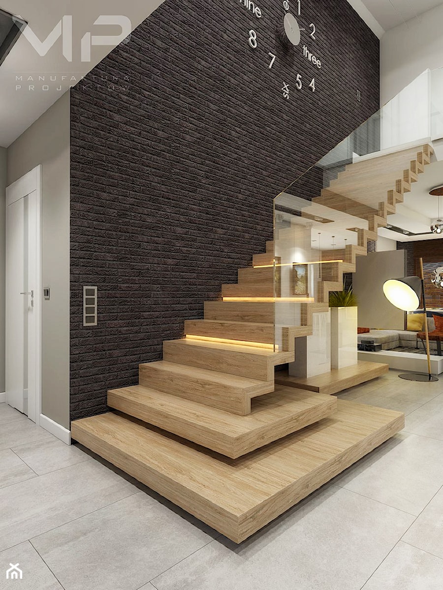 INTERIOR | Dom w Rudach - Schody jednobiegowe drewniane, styl nowoczesny - zdjęcie od Manufaktura Projektów