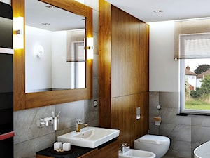 Drewno w łazienkach - Mała na poddaszu łazienka z oknem, styl nowoczesny - zdjęcie od Manufaktura Projektów