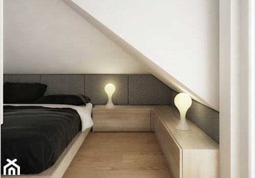 INTERIOR | Dom w Żorach - Średnia biała sypialnia na poddaszu z balkonem / tarasem, styl nowoczesny - zdjęcie od Manufaktura Projektów