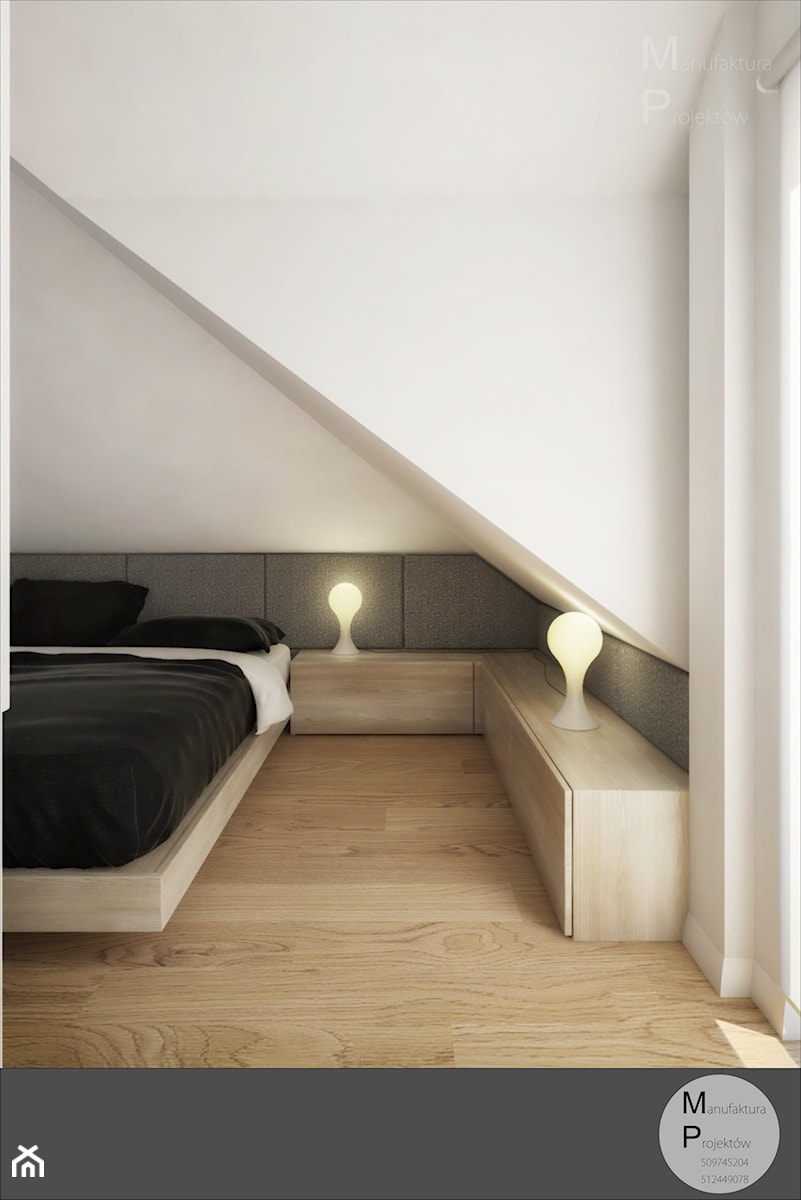 INTERIOR | Dom w Żorach - Średnia biała sypialnia na poddaszu z balkonem / tarasem, styl nowoczesny - zdjęcie od Manufaktura Projektów