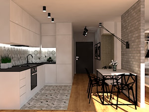 Mieszkanie Gdańsk - Mała z salonem biała z zabudowaną lodówką z podblatowym zlewozmywakiem kuchnia w kształcie litery l, styl nowoczesny - zdjęcie od INTERNOO/studio architektury
