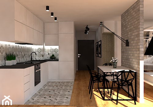 Mieszkanie Gdańsk - Mała z salonem biała z zabudowaną lodówką z podblatowym zlewozmywakiem kuchnia w kształcie litery l, styl nowoczesny - zdjęcie od INTERNOO/studio architektury