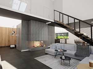 dom z antresolą, koncepcja 2 - Duży biały szary salon z kuchnią z jadalnią z antresolą, styl nowoczesny - zdjęcie od Agata Pozowska-Majchrzak, Architekt