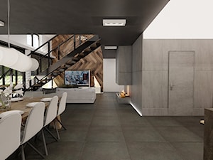 dom z antresolą, koncepcja 2 - Duży biały szary salon z kuchnią z jadalnią, styl nowoczesny - zdjęcie od Agata Pozowska-Majchrzak, Architekt