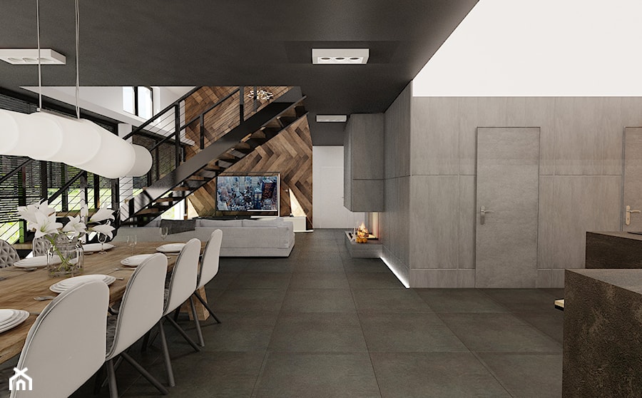 dom z antresolą, koncepcja 2 - Duży biały szary salon z kuchnią z jadalnią, styl nowoczesny - zdjęcie od Agata Pozowska-Majchrzak, Architekt