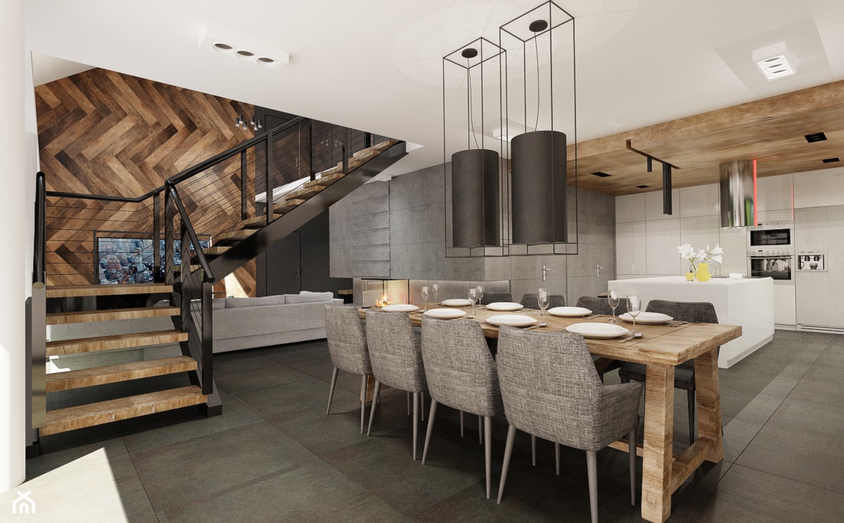 Duża czarna szara jadalnia w salonie w kuchni, styl nowoczesny - zdjęcie od Agata Pozowska-Majchrzak, Architekt - Homebook