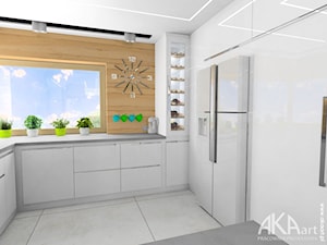 Nowoczesne wnętrza domu w Gliwicach - Średnia otwarta z kamiennym blatem biała z zabudowaną lodówką z lodówką wolnostojącą kuchnia w kształcie litery g z oknem, styl nowoczesny - zdjęcie od AKAart Pracownia Projektowa