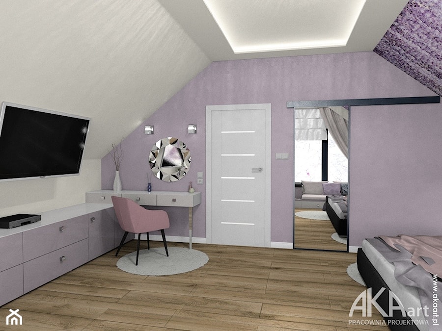 Jasna lawendowa sypialnia ze skosami - zdjęcie od AKAart Pracownia Projektowa