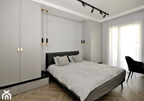 Projekt mieszkania 76mkw - Średnia szara z biurkiem szary z miejscem do pracy sypialnia, styl nowoczesny - zdjęcie od Piotr Stolarek PROJEKTOWANIE WNĘTRZ
