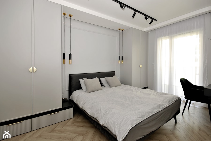 Projekt mieszkania 76mkw - Średnia szara z biurkiem szary z miejscem do pracy sypialnia, styl nowoczesny - zdjęcie od Piotr Stolarek PROJEKTOWANIE WNĘTRZ