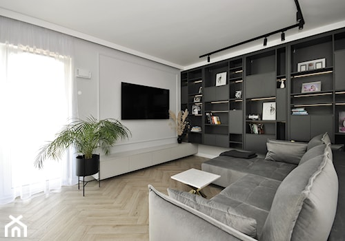 Projekt mieszkania 76mkw - Średni szary salon z bibiloteczką, styl nowoczesny - zdjęcie od Piotr Stolarek PROJEKTOWANIE WNĘTRZ