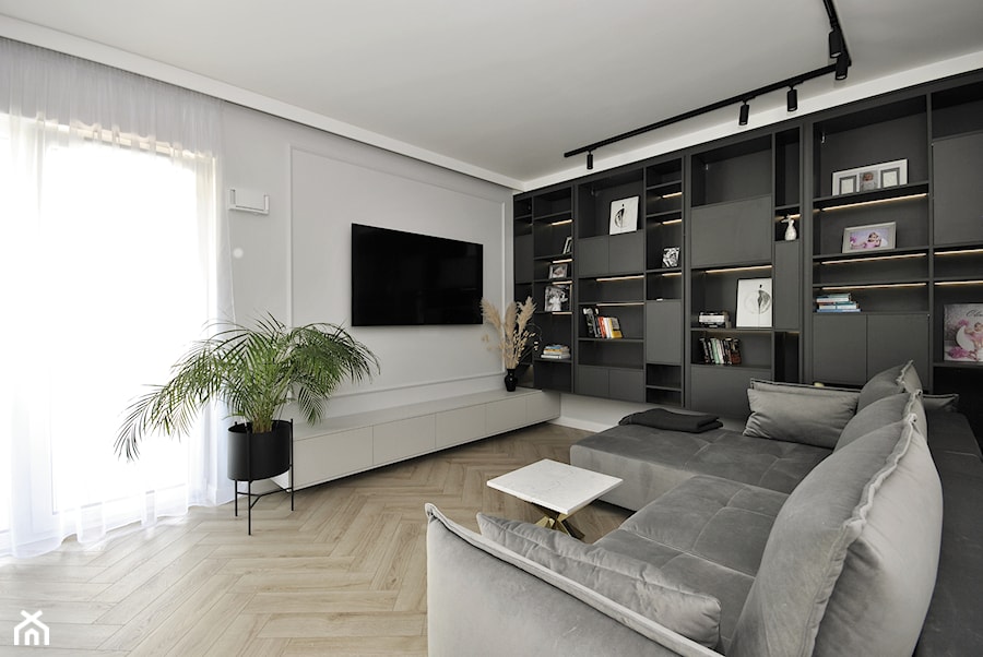 Projekt mieszkania 76mkw - Średni szary salon z bibiloteczką, styl nowoczesny - zdjęcie od Piotr Stolarek PROJEKTOWANIE WNĘTRZ