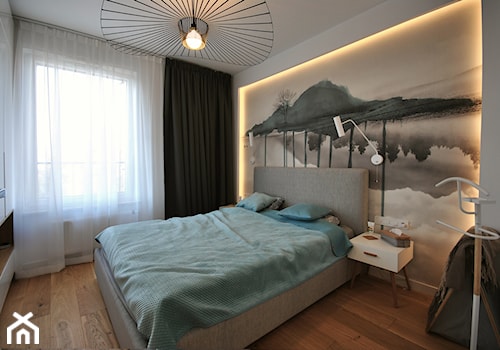 PROJEKT MIESZKANIA 62 mkw - Mała szara sypialnia, styl nowoczesny - zdjęcie od Piotr Stolarek PROJEKTOWANIE WNĘTRZ