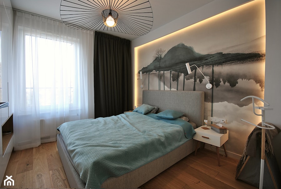 PROJEKT MIESZKANIA 62 mkw - Mała szara sypialnia, styl nowoczesny - zdjęcie od Piotr Stolarek PROJEKTOWANIE WNĘTRZ