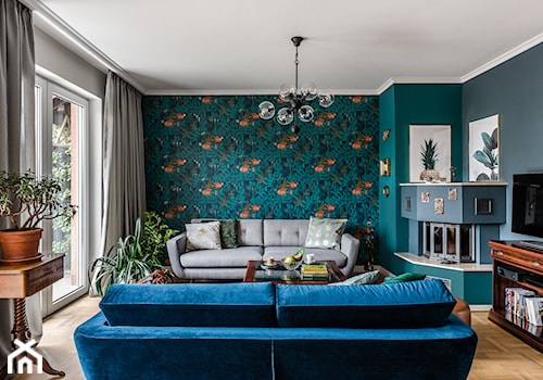 Dom w Gdańsku - Średni biały niebieski turkusowy salon z tarasem / balkonem, styl nowoczesny - zdjęcie od PracowniaPolka