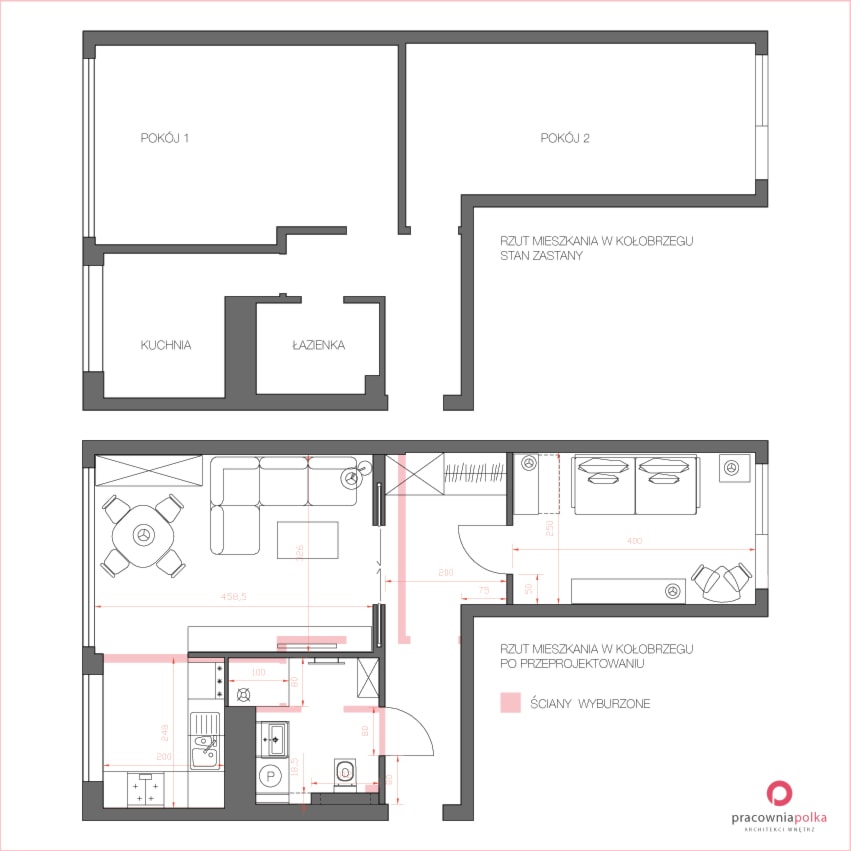 Rysynki techniczne pokazujące nowy układ ścian - zdjęcie od PracowniaPolka - Homebook