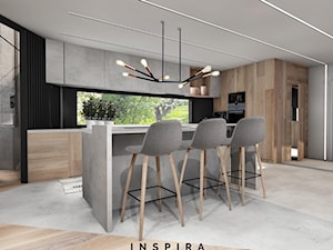 Nowoczesna Stodoła - Średnia otwarta z kamiennym blatem czarna szara z zabudowaną lodówką kuchnia w kształcie litery l z oknem - zdjęcie od Inspira Design