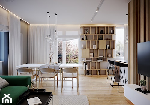 Forma, funkcja i styl - Średni biały salon z kuchnią z tarasem / balkonem, styl nowoczesny - zdjęcie od Inspira Design