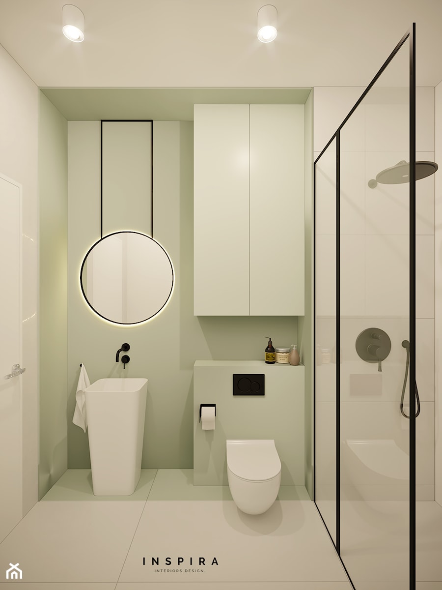 Kolorowa Białołęka - Mała bez okna z lustrem z punktowym oświetleniem łazienka - zdjęcie od Inspira Design