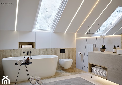 Nowoczesna Stodoła - Średnia na poddaszu z lustrem łazienka z oknem - zdjęcie od Inspira Design