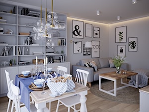 Sielankowa Prowansja - Średni szary salon z jadalnią z bibiloteczką, styl prowansalski - zdjęcie od Inspira Design