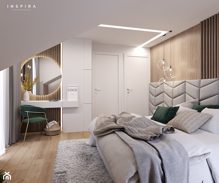 Średnia beżowa biała sypialnia na poddaszu, styl nowoczesny - zdjęcie od Inspira Design