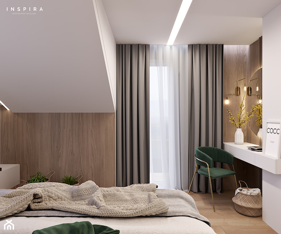 Średnia beżowa sypialnia na poddaszu, styl nowoczesny - zdjęcie od Inspira Design