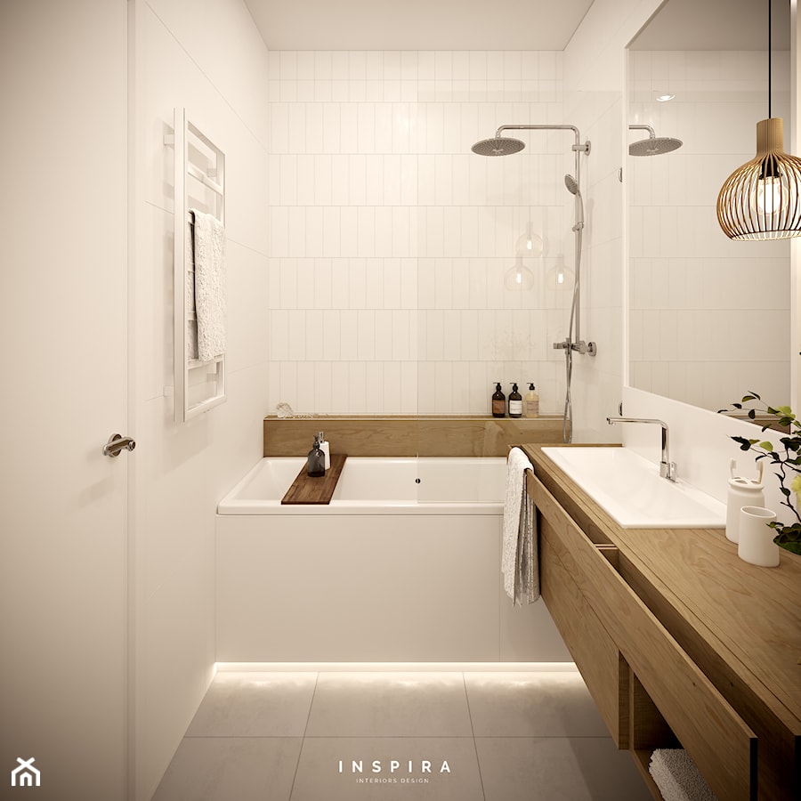 White and wood - Mała bez okna z lustrem z punktowym oświetleniem łazienka, styl skandynawski - zdjęcie od Inspira Design