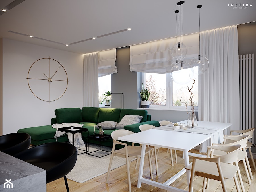 Forma, funkcja i styl - Średni beżowy biały szary salon z kuchnią z jadalnią, styl nowoczesny - zdjęcie od Inspira Design