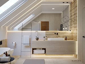 Nowoczesna Stodoła - Średnia na poddaszu z lustrem z punktowym oświetleniem łazienka z oknem - zdjęcie od Inspira Design