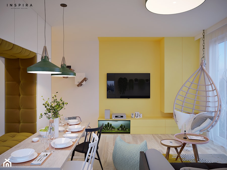 Kolorowa Białołęka - Średni beżowy żółty salon z jadalnią - zdjęcie od Inspira Design