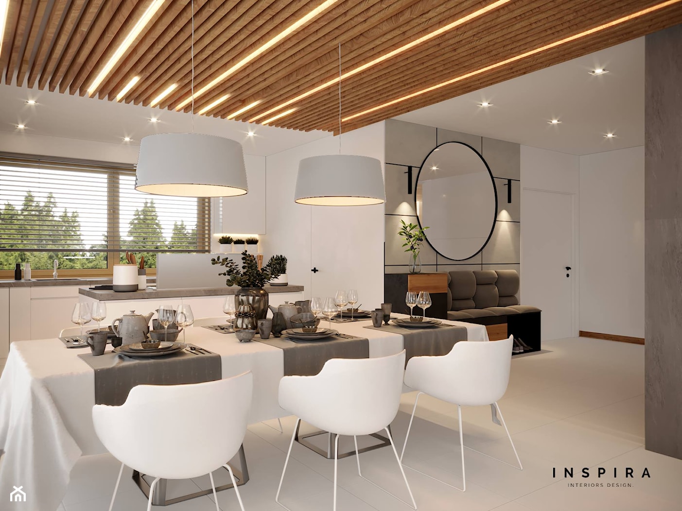 Nowocześnie - Średnia biała jadalnia w salonie w kuchni, styl nowoczesny - zdjęcie od Inspira Design - Homebook