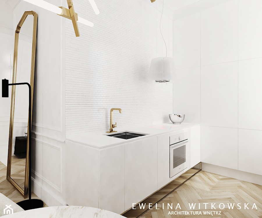 Mieszkanie w warszawskiej kamienicy - Średnia otwarta z salonem biała z zabudowaną lodówką z podblatowym zlewozmywakiem kuchnia w kształcie litery l, styl tradycyjny - zdjęcie od Ewelina Witkowska Architektura Wnętrz