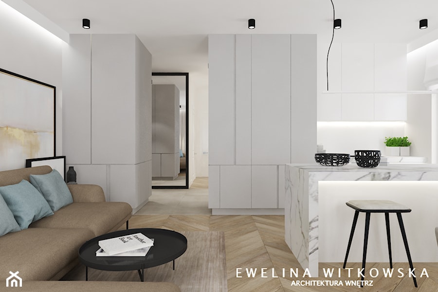Projekt na warszawskiej Woli - Średnia otwarta z salonem biała z zabudowaną lodówką kuchnia w kształcie litery u z oknem, styl nowoczesny - zdjęcie od Ewelina Witkowska Architektura Wnętrz